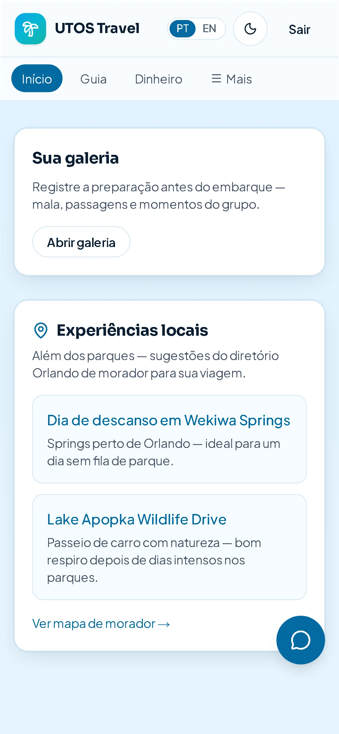 Tela do UTOS Travel com roteiro do dia e progresso da preparação para Orlando